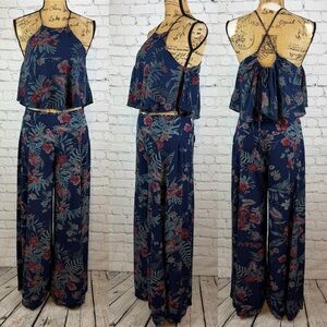 Hommage Floral Navy Crop Top & Palazzo Pants